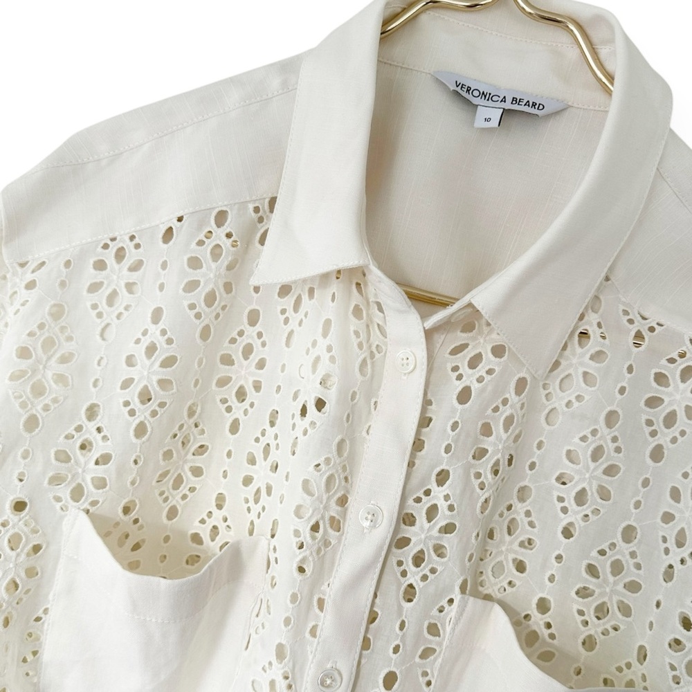 Veronica Beard White Eyelet Button-Down Shirt with Chest Pockets - Picture 6 of 14